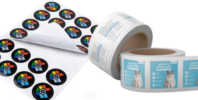 Custom printed self-adhesive labels in both roll and sheet formats, including pet product packaging labels and custom round stickers, durable waterproof adhesive labels for various commercial applications