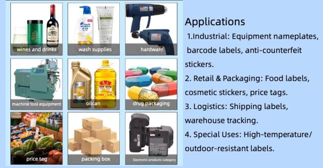 Applications of custom self-adhesive labels in industrial, retail packaging, logistics and special uses, including food, cosmetic, shipping and equipment labels