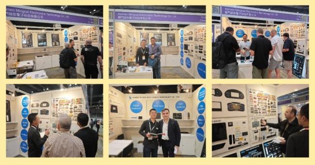 Xiamen Mingcai Electronic Technology at international trade show, showcasing custom membrane switches, self-adhesive labels and touch panels while meeting with global clients
