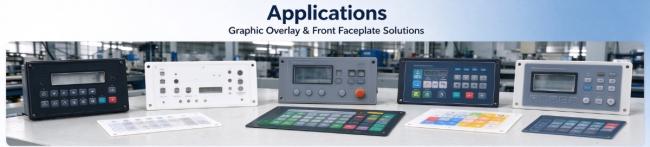 Custom graphic overlay and front faceplate applications for industrial automation, packaging equipment, testing instruments, fitness equipment, home appliances and audio devices