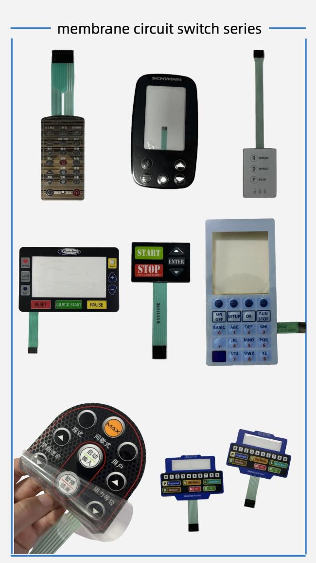 Mingcai custom membrane circuit switch series showing various membrane keypad and graphic overlay samples for industrial equipment and home appliances