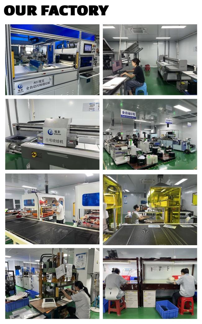 Mingcai electronics factory overview showing fully automatic screen printing, UV printing and membrane switch production workshops for custom membrane switch manufacturing