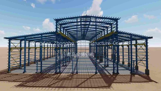 Steel structure building construction example showing industrial facility