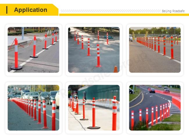 Multiple delineators marking road boundary