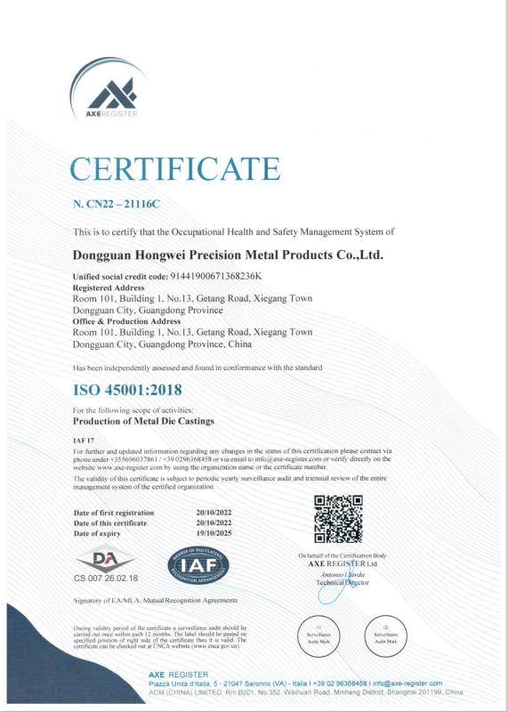 ISO 45001 - Dongguan Hongwei Precision Metal Products Co., Ltd.