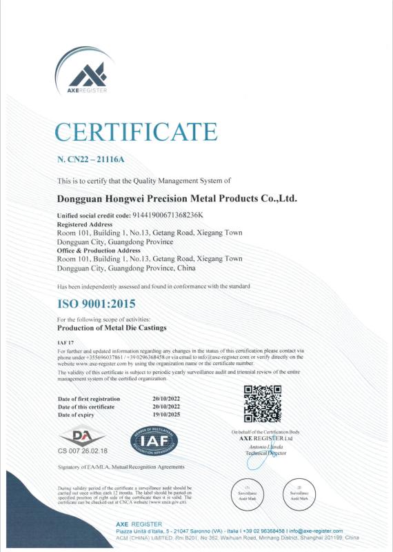 ISO 9001 - Dongguan Hongwei Precision Metal Products Co., Ltd.
