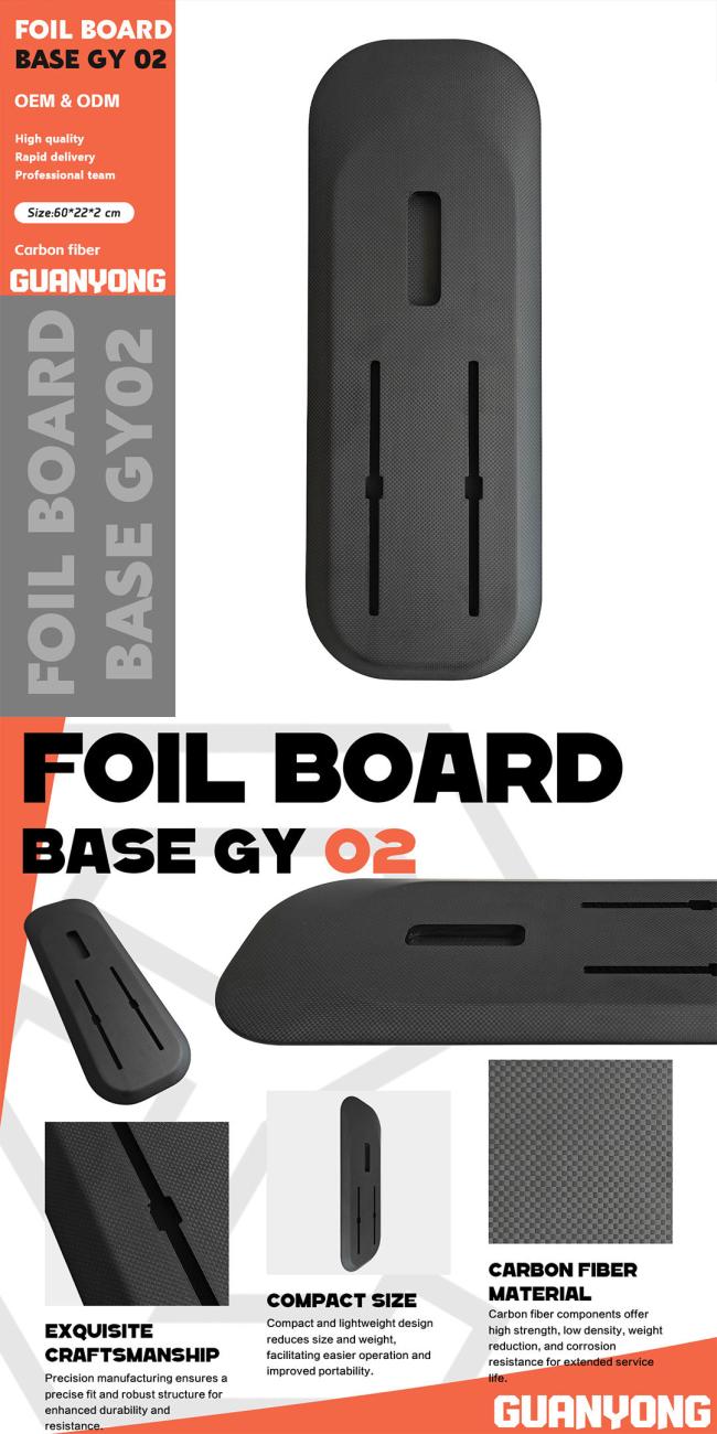 Carbon fiber base plate mounted on inflatable surfing board demonstrating foil installation