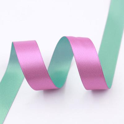 China Double Colors Polyester Ribbon Roll Rose Blue 25mm Satin Poly Ribbon for sale