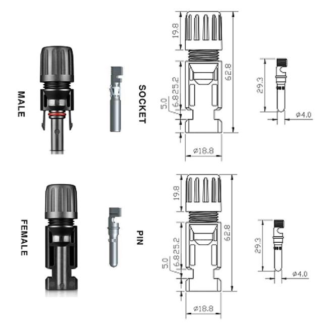 Waterproof IP67 2.5mm2~6.0mm2 Male/Female DC 1000V Mc4 Solar Connector PV Cable Connector