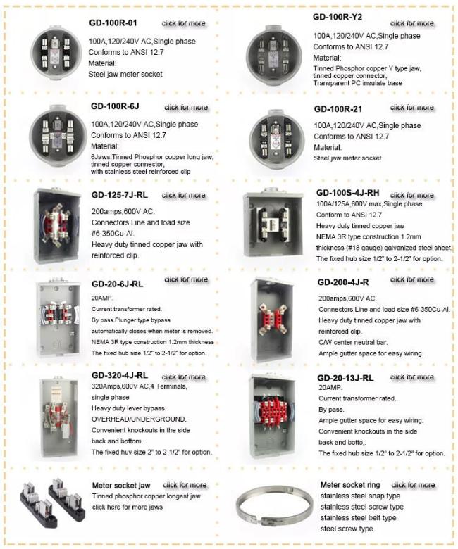 Single Phase Square Electric Meter Socket Box 125A 600VAC 4jaw 5jaw Ring Type Meter Base Combination