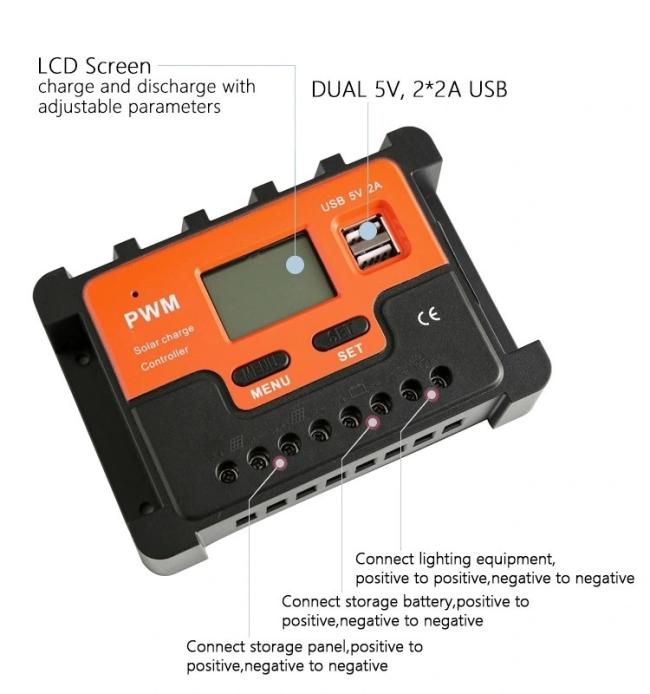 Brand New Input High Voltage 12V/24V/48V Charger PWM Solar Charge Controller 10A 30A 40A with 2 USB Interface and Multiple Protection