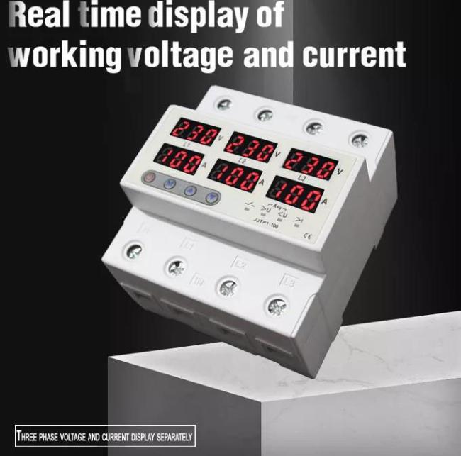 Three Phase Voltage Protector 1-100A 230V 3p+N Over Under Voltage Current Limiter Adjustable Voltage Protective
