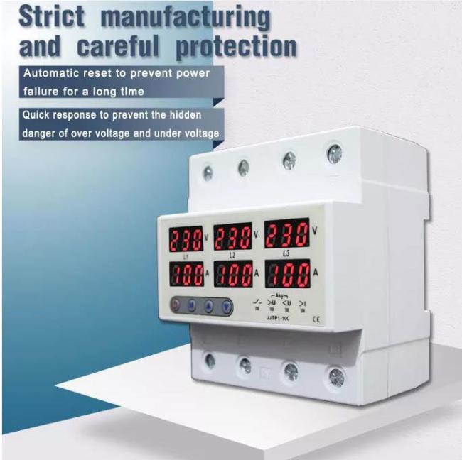 Three Phase Voltage Protector 1-100A 230V 3p+N Over Under Voltage Current Limiter Adjustable Voltage Protective