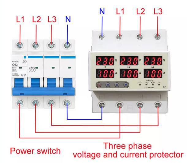 Three Phase Voltage Protector 1-100A 230V 3p+N Over Under Voltage Current Limiter Adjustable Voltage Protective