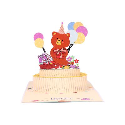 China Laser Cut 3d Gift Pop Greeting Cards Cartoon Bear Birthday Cake for sale
