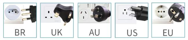HLY power adapter options including EU, UK, US, AU, and Brazil standards