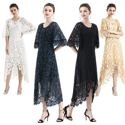 China Young and energetic-Peony lace cape sleeve flared asymmetric hem midi holiday dress for sale