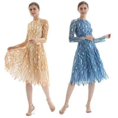 China Young and energetic fashion eyelash lace long sleeves flared pleated party midi dress for sale