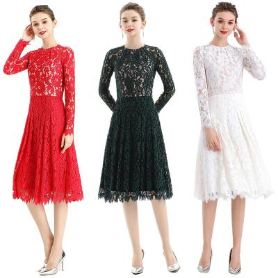 China Young-and-energetic floral scallop lace long sleeves flared pleated party midi dress for sale