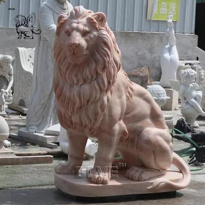 China Sunset Red Marble Life Size Lion Statues Natural Stone Carving Garden Lions Sculpture Large Outdoor Entrance for sale