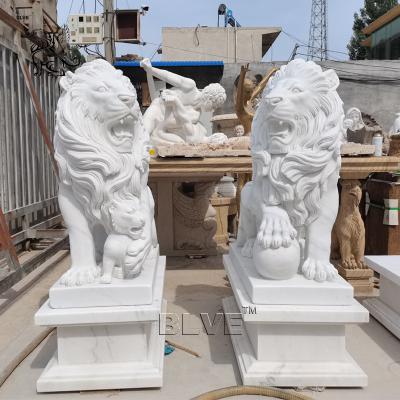 China Entrance Marble Lion Statues Garden Life Size White Stone Carvings And Sculptures Decorative Outdoor for sale