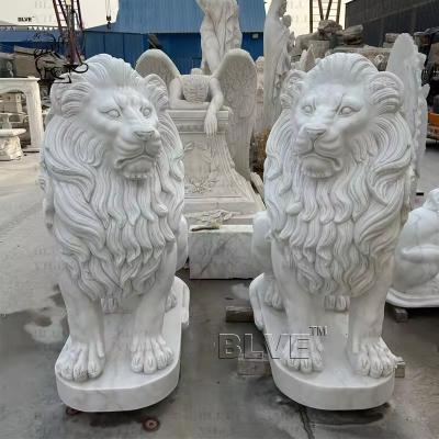 China White Marble Lion Sculpture Outdoor Natural Stone Garden Animals Statue Hand Carving Western Style for sale