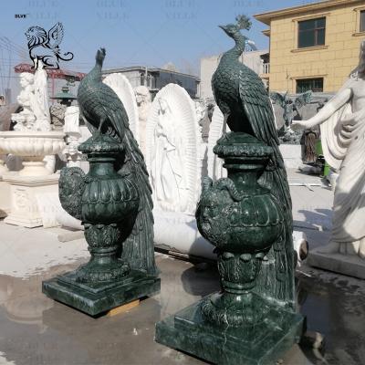 China Green Marble Peacock Statue Sculpture Life Size Natural Stone Carvings Animal Sculptures Garden Home Decoration for sale