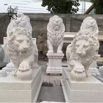 China Marble Lion Statue Natural Stone Animals Sculpture Hand Carving Outdoor Garden Decoration for sale