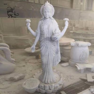 China Lakshmi Marble Statues White Stone Laxmi Sculpture Hindu God Fortune Goddess Indian Religious Hand Carved for sale