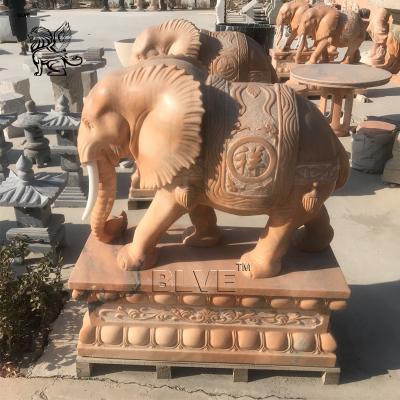 China BLVE Natural Stone Marble Life Size Elephant Statue Sunset Red Chinese Fengshui Animal Sculpture Garden Decoration for sale