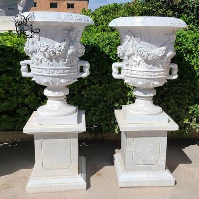 China BLVE White Marble Flowerpots Stone Planter Pot Vase Hand Carving Large Size Garden Decoration for sale