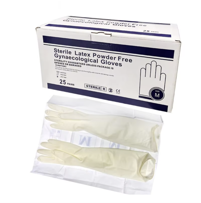 Sterile latex gynecological examination gloves package view