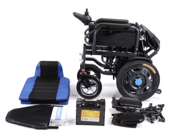 Folding electric wheelchair showing compact design