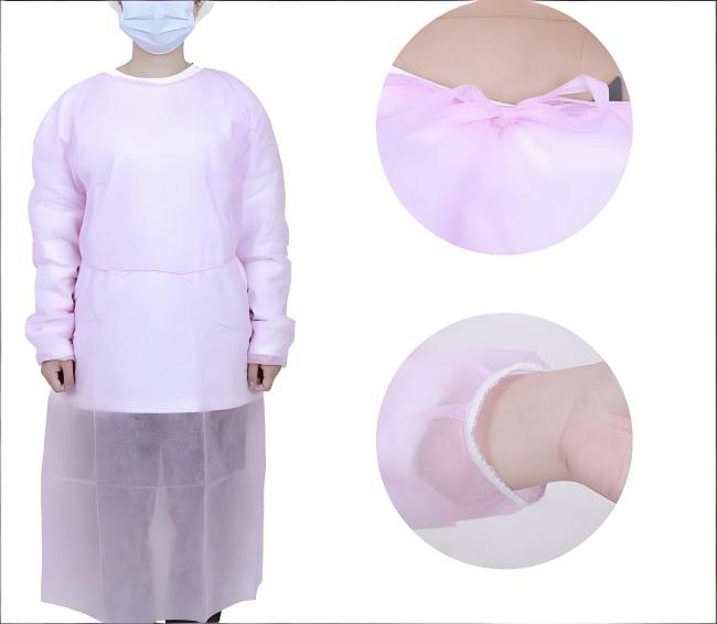 Disposable isolation gown front view showing full length design