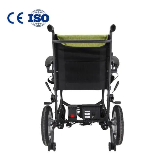 Portable folding wheelchair in use showing joystick control