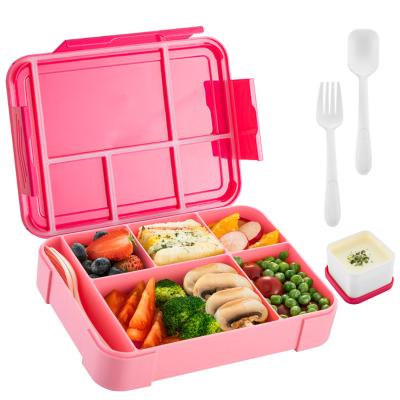 China Caja de comida de plástico Bento con 5 compartimentos y cubiertos para niños y adultos en venta