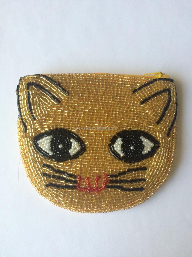 Factory custom Gold Hand Beaded Crazy Cute Cat Face Pouch, Women's Beaded Kitty Cat Coin Purse Double Sides Zip Closure