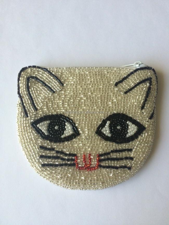 Factory custom Gold Hand Beaded Crazy Cute Cat Face Pouch, Women's Beaded Kitty Cat Coin Purse Double Sides Zip Closure