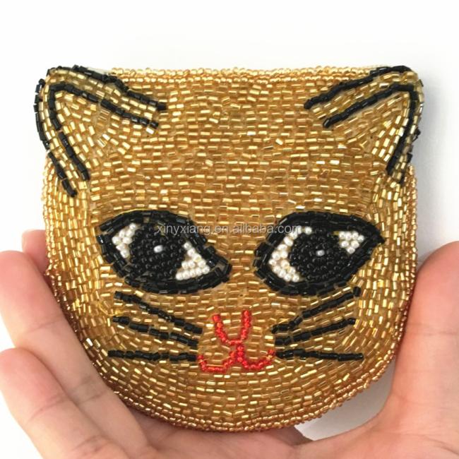 Factory custom Gold Hand Beaded Crazy Cute Cat Face Pouch, Women's Beaded Kitty Cat Coin Purse Double Sides Zip Closure