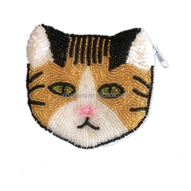 Factory custom Gold Hand Beaded Crazy Cute Cat Face Pouch, Women's Beaded Kitty Cat Coin Purse Double Sides Zip Closure