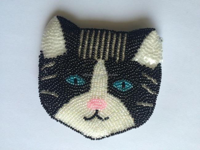 Factory custom Gold Hand Beaded Crazy Cute Cat Face Pouch, Women's Beaded Kitty Cat Coin Purse Double Sides Zip Closure