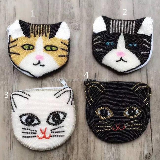 Factory custom Gold Hand Beaded Crazy Cute Cat Face Pouch, Women's Beaded Kitty Cat Coin Purse Double Sides Zip Closure