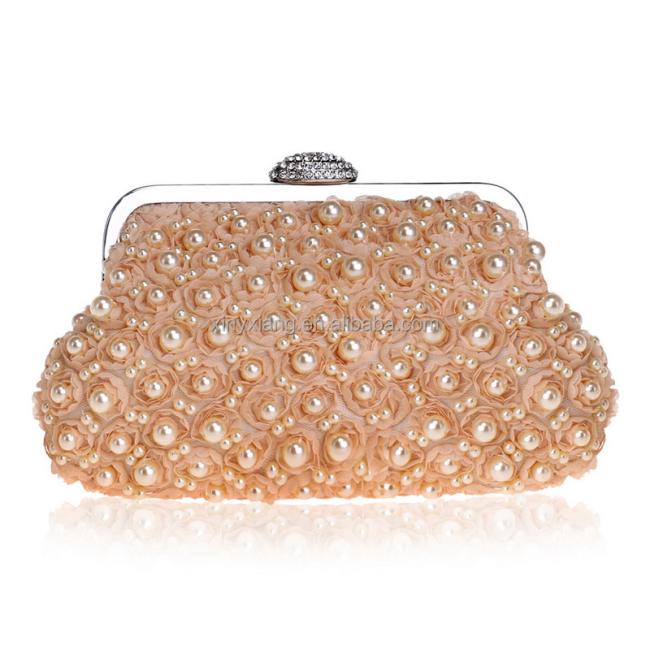 Factory Wholesale Diamond Buckle Rose Sweet Pearl Beaded Prom Evening Handbag Wedding Bag Party Clutch