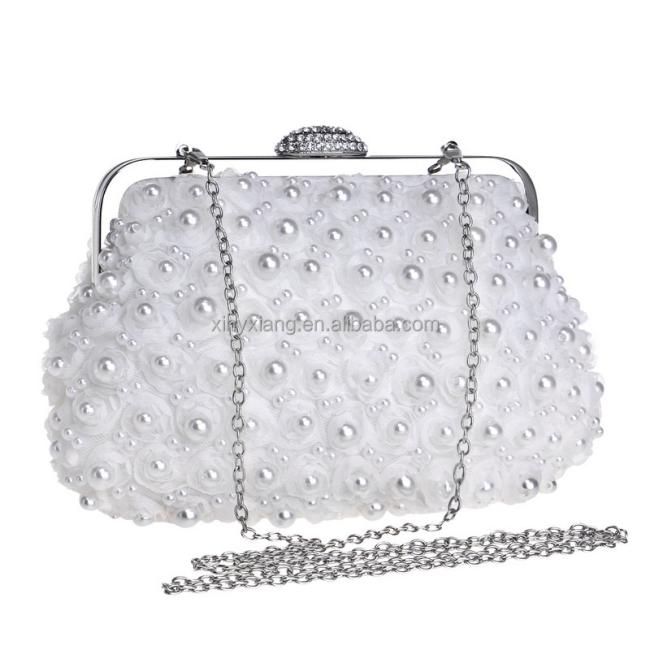 Factory Wholesale Diamond Buckle Rose Sweet Pearl Beaded Prom Evening Handbag Wedding Bag Party Clutch