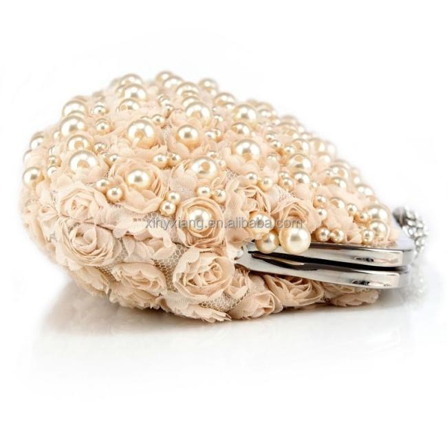 Factory Wholesale Diamond Buckle Rose Sweet Pearl Beaded Prom Evening Handbag Wedding Bag Party Clutch