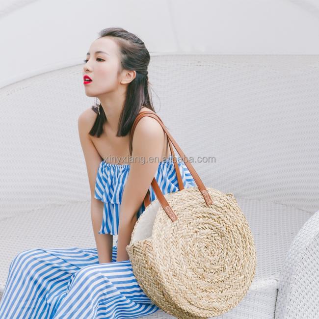 Factory custom Natural Plaited Water Hyacinth Round Bag, Water Hyacinth Hand Weaved Bags, Woven Rattan Straw Shoulder Bag