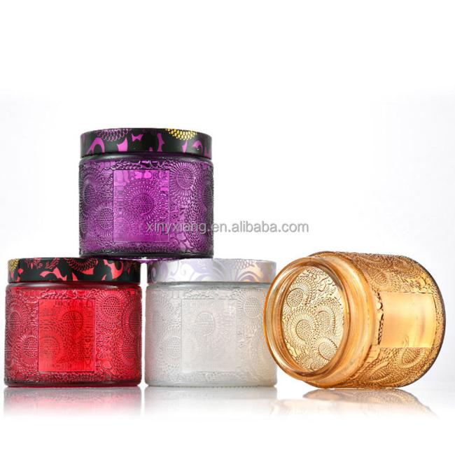 Factory custom home fragrance candle, hot sales 4 oz glass candle jar with lid, Embossed Glass Jar Candle