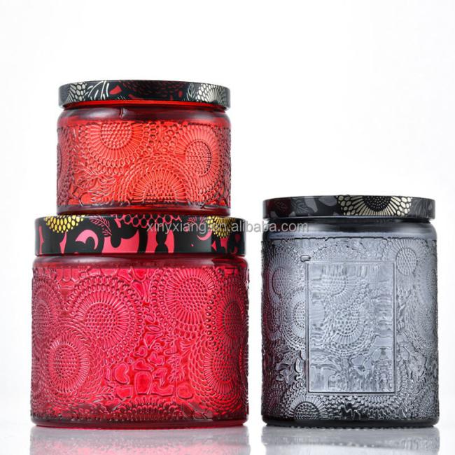 Factory custom home fragrance candle, hot sales 4 oz glass candle jar with lid, Embossed Glass Jar Candle