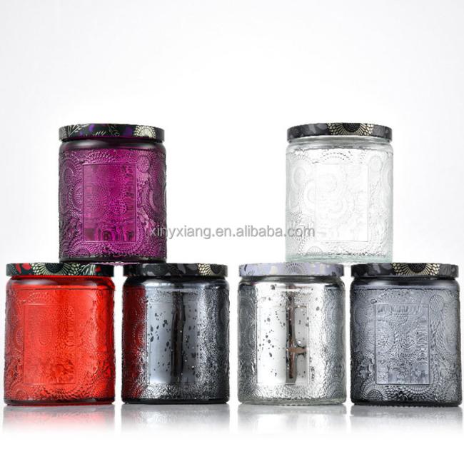 Factory custom home fragrance candle, hot sales 4 oz glass candle jar with lid, Embossed Glass Jar Candle