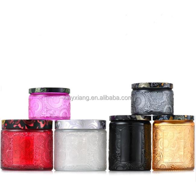 Factory custom home fragrance candle, hot sales 4 oz glass candle jar with lid, Embossed Glass Jar Candle